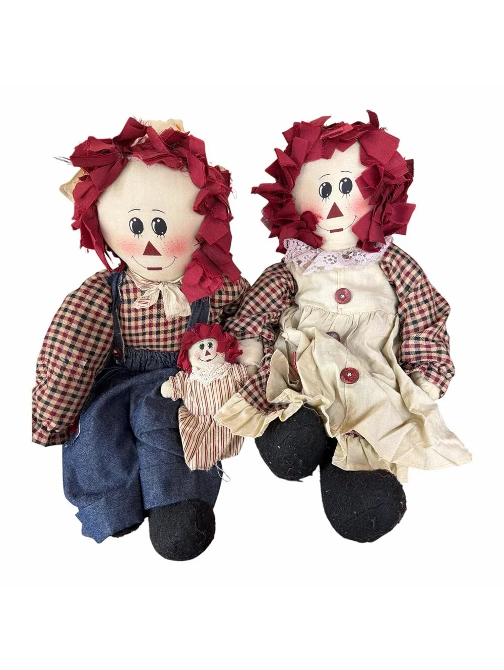 Handmade doll raggedy Ann and Andy with baby Ann previously loved